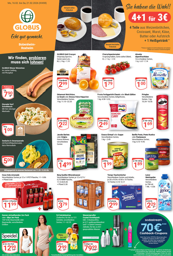 Kommendes Werbeprospekt von GLOBUS mit Angeboten vom 16.02.2026 bis 21.02.2026
