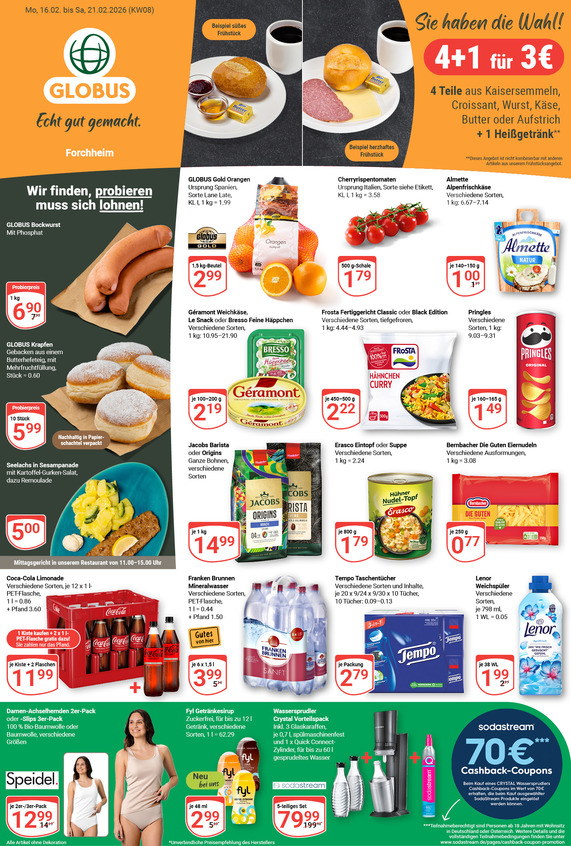 Kommendes Werbeprospekt von GLOBUS mit Angeboten vom 16.02.2026 bis 21.02.2026