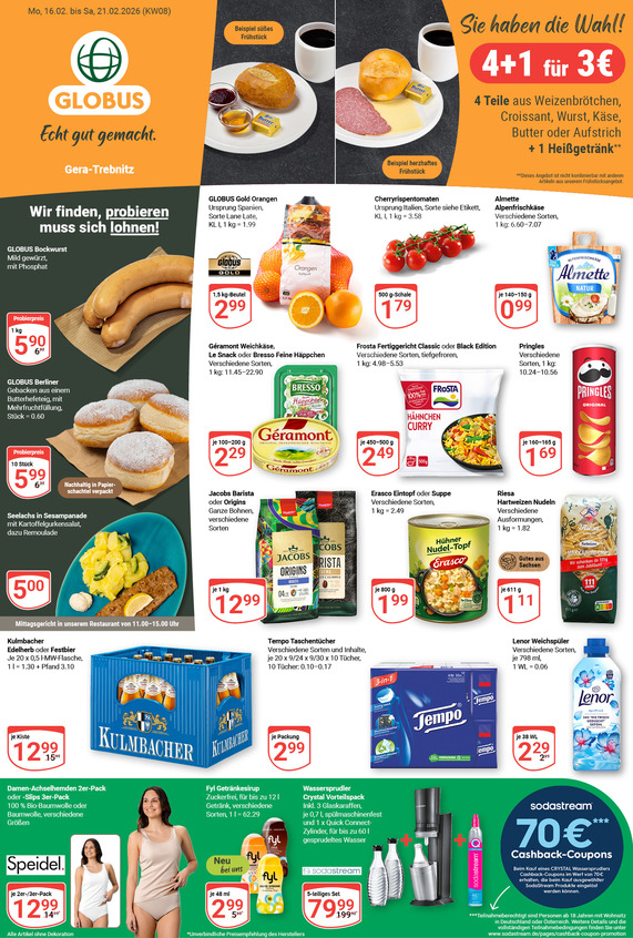 Kommendes Werbeprospekt von GLOBUS mit Angeboten vom 16.02.2026 bis 21.02.2026
