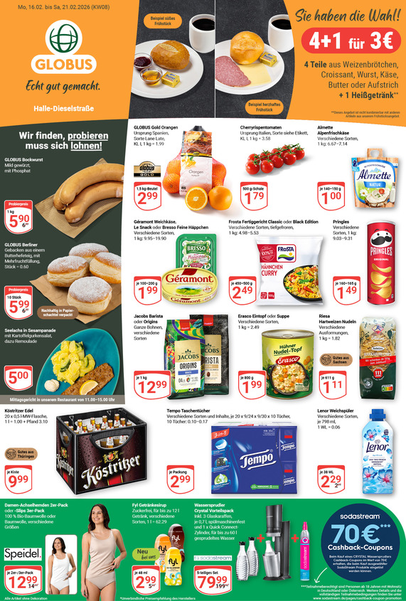 Kommendes Werbeprospekt von GLOBUS mit Angeboten vom 16.02.2026 bis 21.02.2026
