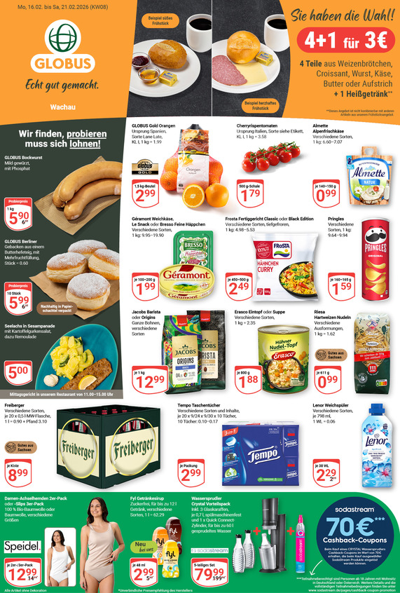 Kommendes Werbeprospekt von GLOBUS mit Angeboten vom 16.02.2026 bis 21.02.2026