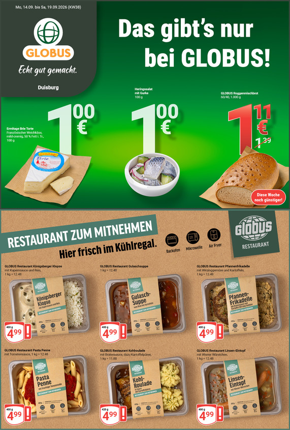 Aktuelles Werbeprospekt von GLOBUS mit Angeboten vom 14.09.2026 bis 19.09.2026