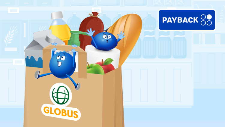 Braune Einkaufstüte mit GLOBUS Logo, gefüllt mit Lebensmitteln und zwei PAYBACK Pointees, daneben PAYBACK Logo oben rechts.