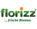 Grünes Logo mit Schriftzug „florizz“ mit einer orangefarbenen und einer weißen Blume, darunter der Text „… frische Blumen.“.