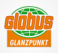 Grünes Globus-Logo mit orangenem Schriftzug GLOBUS, darunter steht in Versalien auf orangem Hintergrund der Schriftzug GLANZPUNKT.