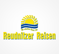 Gelbes Logo mit Sonne, blauen Wellen und Schriftzug „Reudnitzer Reisen“ in Gelb, darunter Text „Wir nehmen Ihnen Zeit“ in Blau.