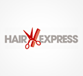 Das Logo zeigt den grauen Schriftzug HAIR EXPRESS, zwischen den Worten eine rote Schere und ein roter Kamm in Kreuzform.