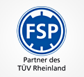 Blaues FSP-Logo mit weißem Text „FSP“ und stilisiertem Tacho, darunter schwarzer Text „Partner des TÜV Rheinland“.