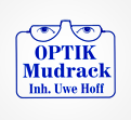 Weiße Grafik mit blauer Brille, darüber Augen, darunter Schriftzug „OPTIK Mudrack Inh. Uwe Hoff“.