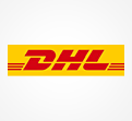 Das DHL-Logo mit roten Buchstaben auf gelbem Hintergrund und drei roten Streifen rechts von den Buchstaben.