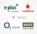 Fünf Mobilfunkanbieter-Logos, darunter e-plus, vodafone, T-Mobile, O2 und BASE, mit jeweiligen Slogans auf weißem Hintergrund.