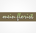 Ein Schriftzug „mein florist“ in geschwungener weiß-grüner Schrift auf einem braunen rechteckigen Hintergrund.