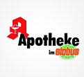 Rotes Apotheken-A mit weißem Mörser und Stößel, daneben der Text „Apotheke im GLOBUS“, GLOBUS-Logo in Grün und Orange.