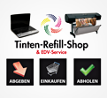Laptop, Tintenflaschensymbol und Drucker mit Text „Tinten-Refill-Shop & EDV-Service“ sowie Piktogramme: Abgeben, Einkaufen, Abholen.