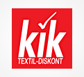 Weißes „kik“-Logo mit Haken auf rotem Hintergrund, darunter steht „TEXTIL-DISKONT“ in Großbuchstaben auf weißem Streifen.