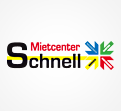 Schwarzer Schriftzug „Schnell“ mit gelbem Balken, roter Schrift „Mietcenter“ und vier bunten Pfeilen in Blau, Rot, Grün und Gelb.