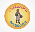 Runder gelber Hintergrund mit pinkem Schriftzug Delikatessen oben und blauem Schriftzug Ambrosia unten, Figur in der Mitte hält Gefäße.