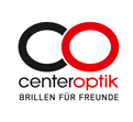 Schwarzer und roter Schriftzug „centeroptik“ mit rotem „O“, darunter der Text „BRILLEN FÜR FREUNDE“ auf weißem Hintergrund.