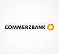 Schwarzer Schriftzug „COMMERZBANK“ mit gelbem, sechseckigem Symbol auf weißem Hintergrund.