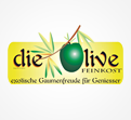 Gelbes Logo mit grünem Olivenzweig, Text „die olive FEINKOST“, darunter „exotische Gaumenfreude für Genießer“.