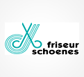Das Logo zeigt türkisfarbene Linien in Form einer Schere links, daneben steht „friseur schoenen“ in schwarzer Schrift.
