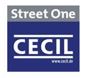 Quadratisches Logo mit grauem Feld oben, Text „Street One“, darunter blaues Feld mit weißem Text „CECIL“ und kleiner „www.cecil.de“.