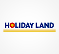 Das Logo zeigt den Schriftzug HOLIDAY LAND in blau mit einem roten O auf weißem Hintergrund und einem gelben Streifen unten.
