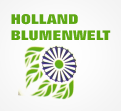 Das Logo zeigt den grünen Schriftzug HOLLAND BLUMENWELT und eine blau-weiße Blume mit grünen Blättern auf weißem Hintergrund.