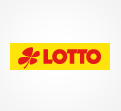 Auf gelbem Hintergrund steht das rote Wort Lotto mit einem roten Kleeblatt links darüber.
