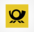 Schwarzes Posthorn-Symbol auf gelbem quadratischem Hintergrund, dargestellt als Logo der Deutschen Post.