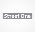 Graues Rechteck mit weißem Text „Street One“ in serifenloser Schrift auf weißem Hintergrund.