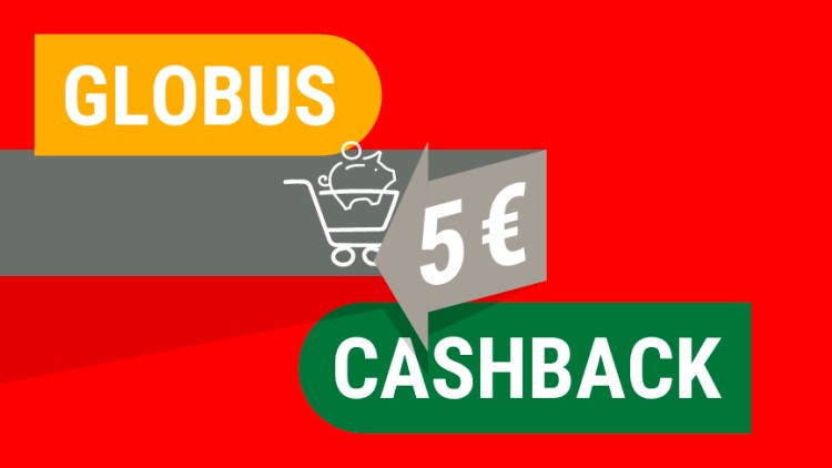 Roter Hintergrund, Aufschrift GLOBUS, 5 € und CASHBACK, Einkaufswagen-Symbol, gelbes, graues und grünes Banner.