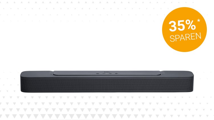Schwarze Soundbar vor weißem Hintergrund mit orangefarbenem Kreis, darin der Text „35 % sparen“.