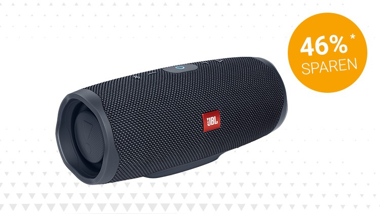 Tragbarer schwarzer Lautsprecher mit rotem JBL-Logo und einem orangefarbenen Kreis mit der Aufschrift „46 % SPAREN“.