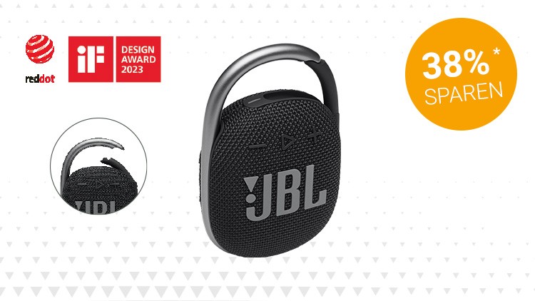 Schwarzer tragbarer Lautsprecher mit silbernem Griff, JBL-Logo, Bedienelementen und Auszeichnungen, daneben Kreis mit 38 % sparen.