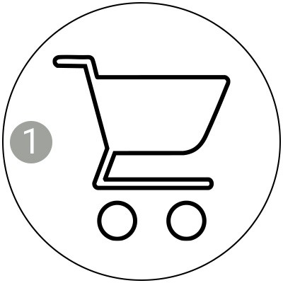 Schwarzes Einkaufswagensymbol mit vier Rädern und der Zahl 1 in einem grauen Kreis, alles vor weißem Hintergrund.
