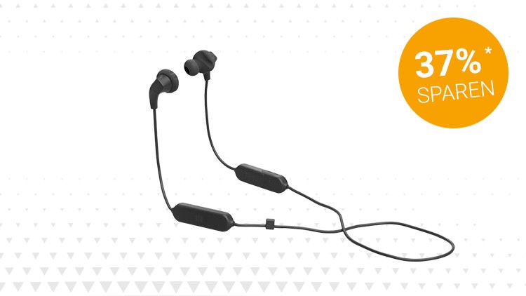 Schwarze In-Ear-Kopfhörer mit Kabel und Bedienelementen, orangefarbener Kreis mit weißem Text \