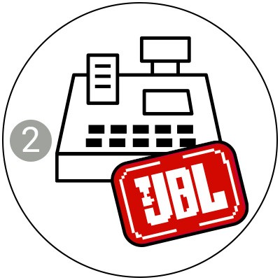 Zeichnung einer Registrierkasse mit rotem JBL-Logo, Zahl „2“ in grauem Kreis links daneben.