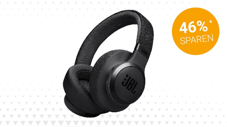 Schwarze JBL-Kopfhörer mit gepolstertem Bügel, daneben orangefarbener Kreis mit weißer Aufschrift „46 % SPAREN“.