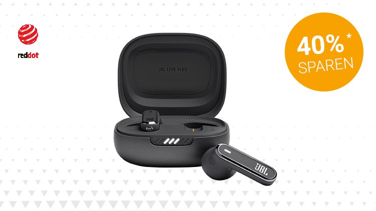 Schwarze kabellose JBL-Kopfhörer in einer geöffneten Ladebox, daneben ein orangefarbener Kreis mit der Aufschrift „40 % SPAREN“.