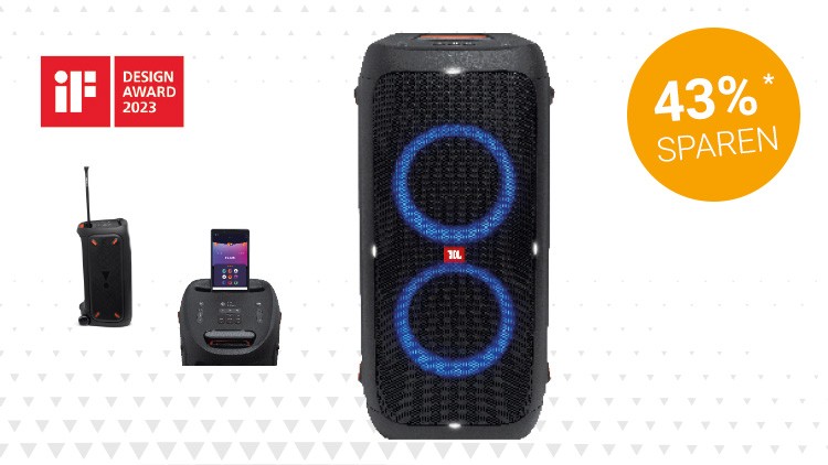 Schwarzer Bluetooth-Lautsprecher mit leuchtenden blauen LED-Ringen, daneben ein Smartphone-Dock und eine orangefarbene Ersparnis-Angabe.