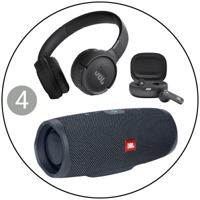 Schwarze Over-Ear-Kopfhörer, In-Ear-Kopfhörer mit Ladebox und schwarzer Lautsprecher mit rotem JBL-Logo in einem weißen Kreis.