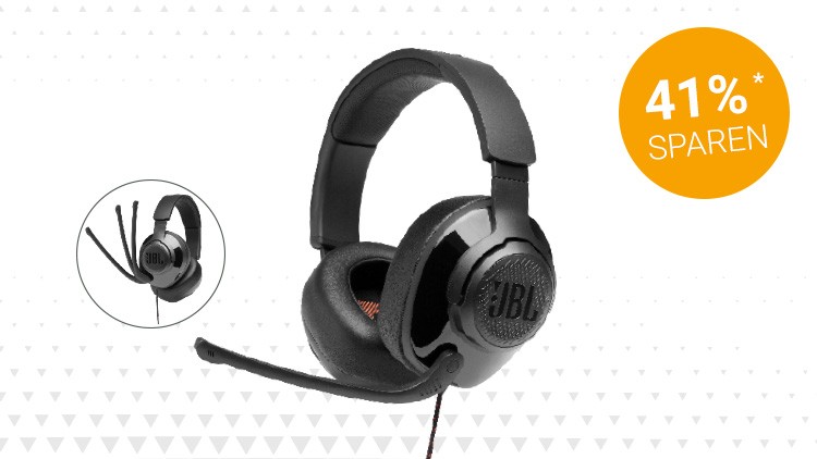 Schwarzes Over-Ear-Headset mit Mikrofon, seitliche Ansicht, daneben ein kleiner Kreis mit eingeklapptem Mikrofon, orangefarbener Kreis mit „41 % SPAREN“.