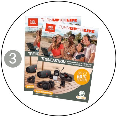 Zwei Werbeflyer mit dem Text „TURN UP YOUR LIFE“, „TREUEAKTION“ und „Bis zu 50 % sparen“, Logo von GLOBUS unten rechts.