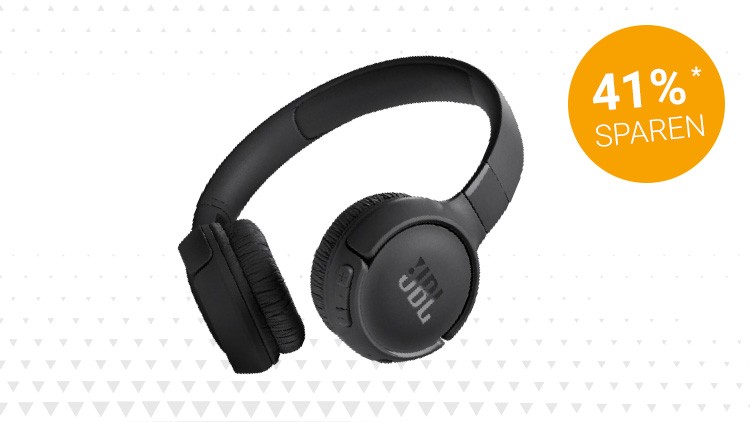 Schwarze kabellose Over-Ear-Kopfhörer mit JBL-Logo, daneben ein orangefarbener Kreis mit der Aufschrift „41 % SPAREN“.
