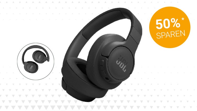 Schwarzer Over-Ear-Kopfhörer mit seitlichem JBL-Logo, gelber Kreis mit „50 % SPAREN“ auf weißem Hintergrund mit Dreiecksmuster.