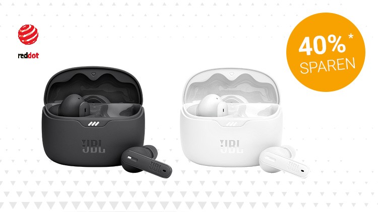 Zwei kabellose schwarze und weiße In-Ear-Kopfhörer mit Ladebox, rotes Red Dot-Logo und gelber Kreis mit „40 % SPAREN“-Text.