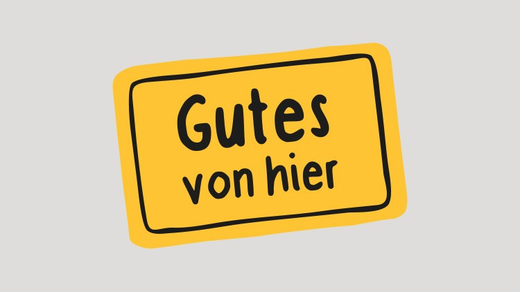 Gelbes Rechteck mit abgerundeten Ecken, schwarzer Umrandung und schwarzem Text „Gutes von hier“ auf hellem Hintergrund.