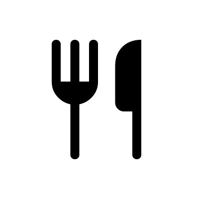 Ein schwarzes Symbol mit einer Gabel links und einem nach rechts zeigenden Messer auf weißem Hintergrund.