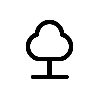 Schwarzes Symbol eines stilisierten Baumes mit einer breiten Krone und einem schmalen Stamm auf weißem Hintergrund.